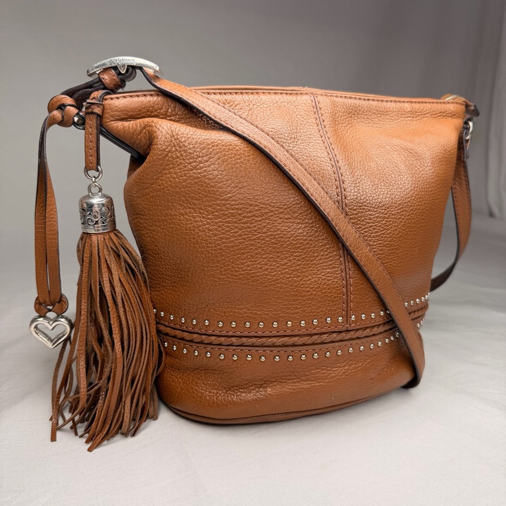 Brighton Baby Jake Bucket Lipstick Bag Tan Caramel Leather Studded Hobo